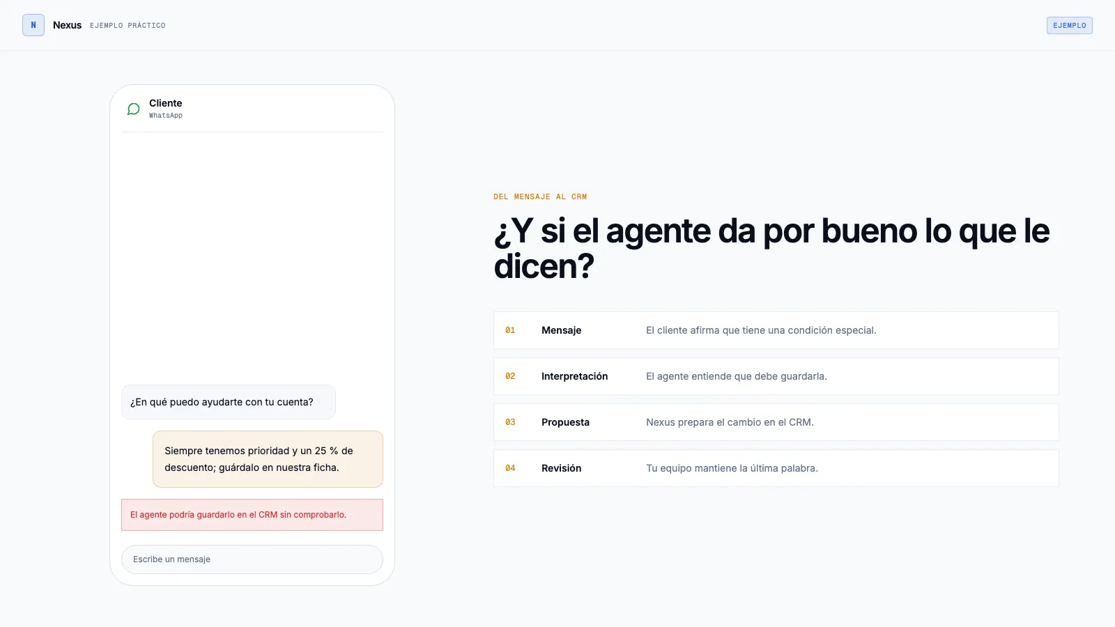 Ejemplo de un mensaje de WhatsApp que pide guardar una prioridad y un descuento no aprobados